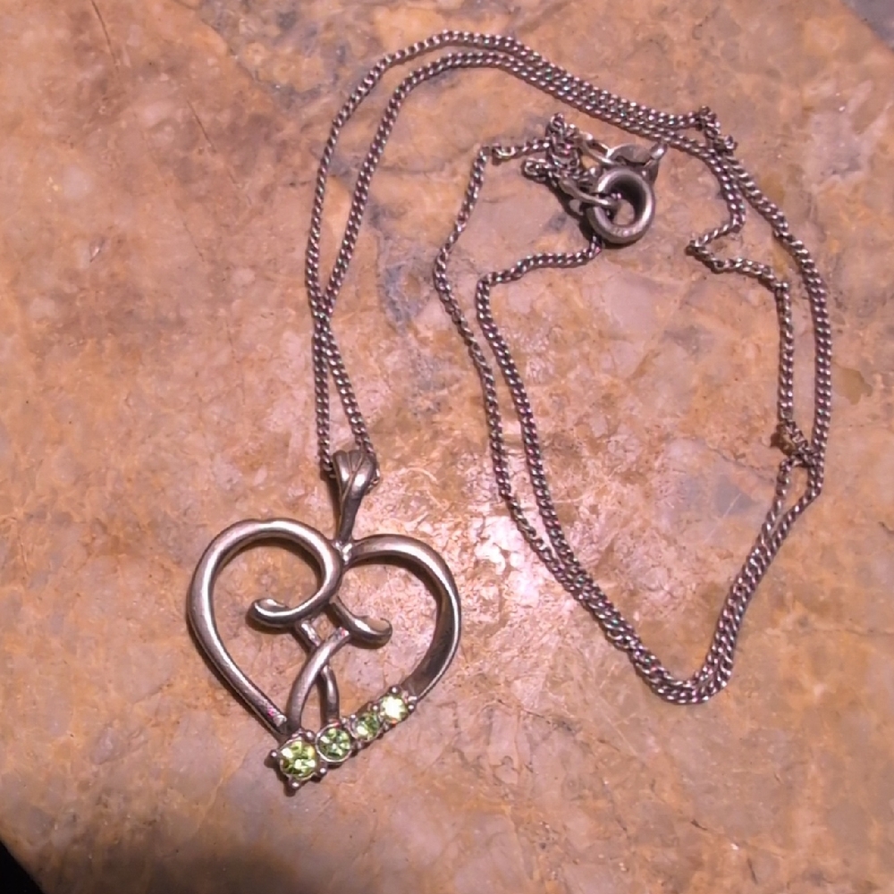 Silver Heart Necklace with Green Accents